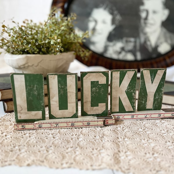 Reproduction Vintage Chipboard Office Letters - 4" x 2 1/4" - LUCKY - Green & White - St Patrick's decor