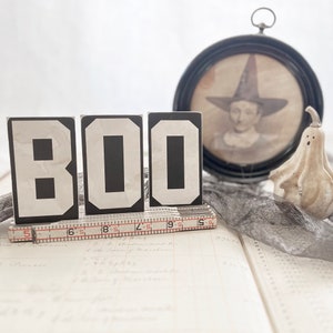 Reproduction Vintage Chipboard Office Letters - 4&quot; x 2 1/4&quot; - BOO - Black & White - Halloween decor - Ghostly sign