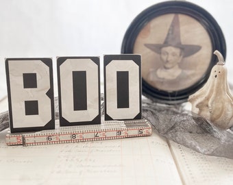 Reproduction Vintage Chipboard Office Letters - 4" x 2 1/4" - BOO - Black & White - Halloween decor - Ghostly sign