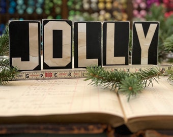 Reproduction Vintage Chipboard Office Letters - 4" x 2 1/4" - JOLLY - Black & White - Christmas decor