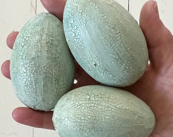 XL Chipped Paint Wooden Eggs - set of 3 - robin's egg blue - vintage farmhouse decor - cottage decor - vintage Spring display