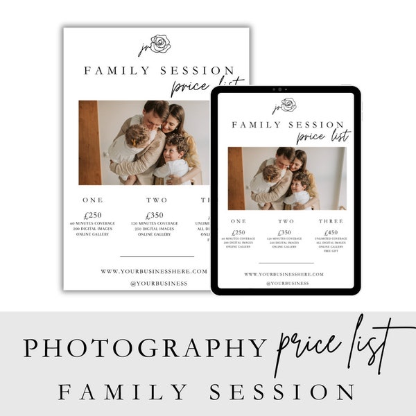 Photography Price List Family Session, Photography Pricing Template, Client Guide  Photography Photo Shoot, Photography Templates