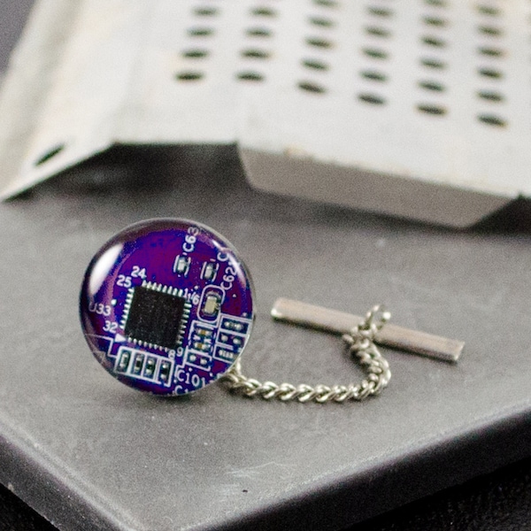 Circuit Board Tie Tack Violet, Computer Jewelry, Gift for Graduate, Father's Day Gift, Wearable Technology, Industrial Chic, Techie Tie Pin