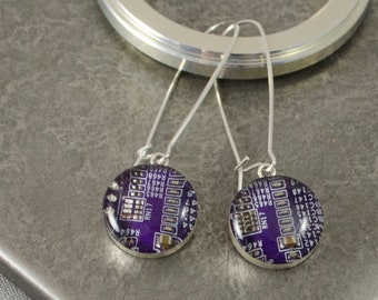 Circuit Board Earrings Purple, Wearable Technology, Engineer Gift, Sterling Silver Dangle Earrings, Nerdy Earrings, Software Engineer