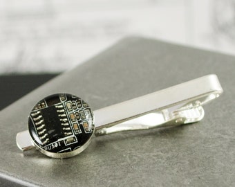 Circuit Board Tie Bar, Recycled Computer Jewelry, Dark Brown Tie Clip, Wearable Technology, Geek Gift, Gift for Dad, Geeky Engineer Gift
