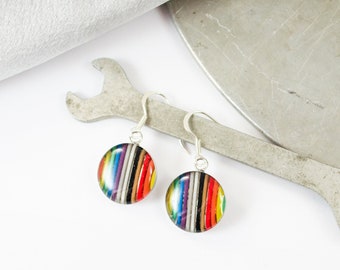 Rainbow Ribbon Cable Short Dangle Earrings, Sterling Silver Earrings, Rainbow Jewelry, Computer Science Earrings