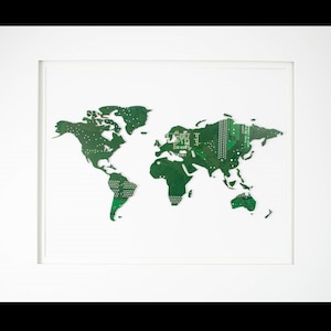 May include: A world map made from green circuit boards, framed in white.