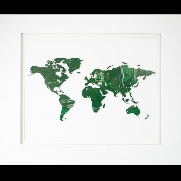 World Map Circuit Board Framed Wall Art, Upcycled Motherboard Art Piece, Mercator Projection Framed Artwork, Upcycled Motherboard Decor