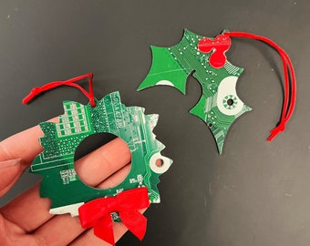 Holly and Wreath Ornament Gift Set - Nerdy Holiday Decor - Computer Engineer Christmas Ornaments - Science and Technology Gifting