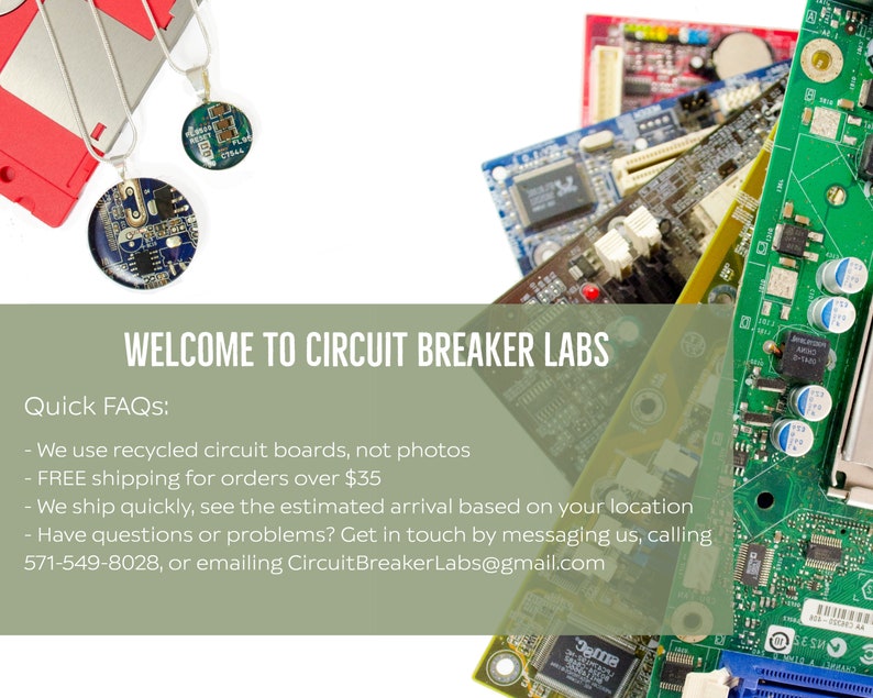 Puede incluir: Primer plano de varias placas de circuito, algunas verdes, algunas azules y algunas rojas. Las placas est&aacute;n apiladas unas sobre otras. El texto "WELCOME TO CIRCUIT BREAKER LABS" est&aacute; en la parte superior de la imagen. El texto "Quick FAQs:" est&aacute; debajo del mensaje de bienvenida. El texto debajo de las preguntas frecuentes incluye informaci&oacute;n sobre el env&iacute;o, las devoluciones y la informaci&oacute;n de contacto.