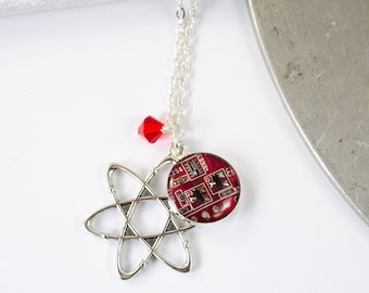 CHOOSE COLOR Atom and Circuit Board Charm Necklace, Jewelry for Scientists, Chemistry Necklace