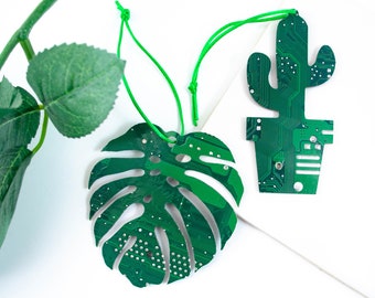 Houseplant Circuit Board Ornament - CHOOSE from Monstera Leaf or Potted Cactus - Indoor Plant Holiday Decoration