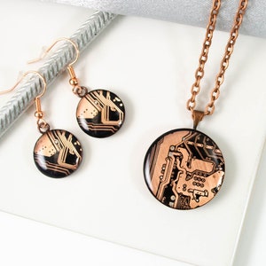 Ensemble collier et boucles d'oreilles en cuivre, bijoux recyclés pour carte mère d'ordinateur