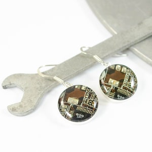Brown Circuit Board Earrings, Sterling Silver Jewelry, Brown Dangle Earrings, Silver Earrings, Computer Earrings, Wearable Technology Techie