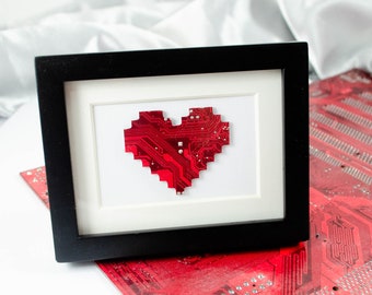 Mini Pixelated Heart Circuit Board Framed Art, Custom Recycled Motherboard Art, Valentines day art, gamer art