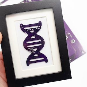 以下が含まれることがあります： 紫色の回路基板で作られたDNAの二重らせんを特徴とする額装されたアートワーク。アートワークは、白いマットが付いた黒いフレームに入っています。