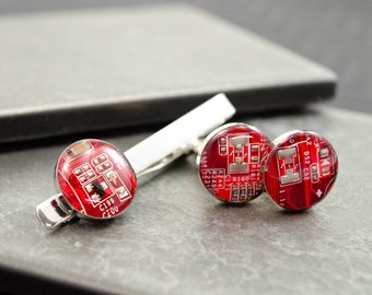 Circuit Board Cufflinks and Tie Bar Set Red, Made from Recycled Motherboard