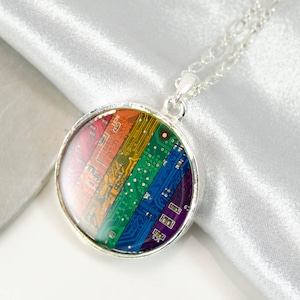 Giant Rainbow Circuit Board Necklace, Rainbow Statement Necklace, Computer Programmer Gift, Rainbow Pride Necklace