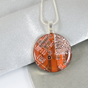 Circuit Board Necklace LARGE Orange, Recycled Motherboard Jewelry, Wearable Technology, Computer Gift, Computer Programmer, Upcycled