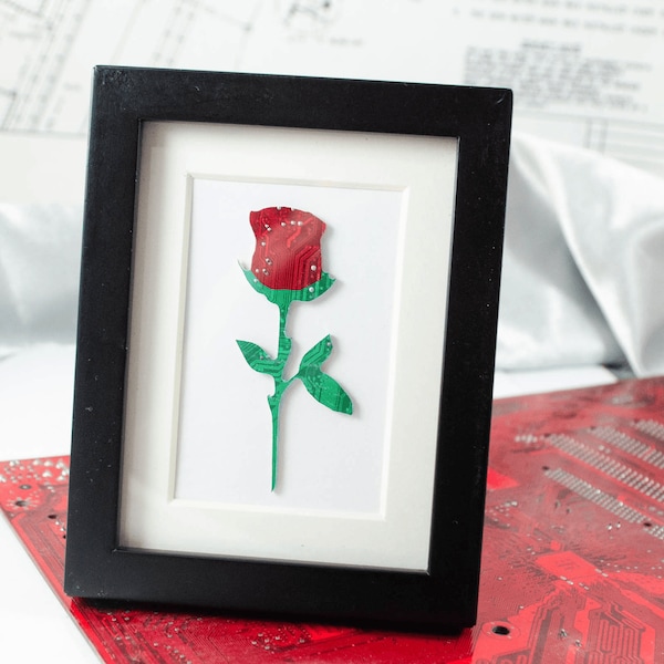 Mini Rose Circuit Board Framed Art, Custom Recycled Motherboard Art, Valentines day art, gamer art