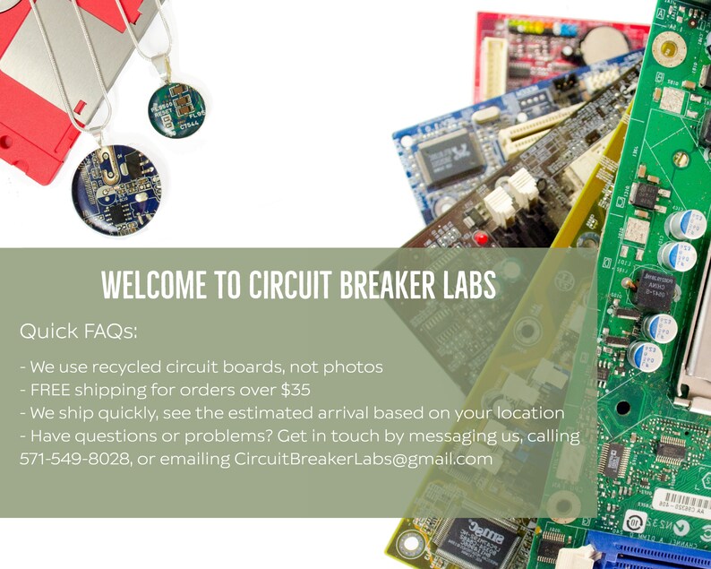Pode incluir: Um close-up de v&aacute;rias placas de circuito, algumas verdes, algumas azuis e algumas vermelhas. As placas est&atilde;o empilhadas umas sobre as outras. O texto "WELCOME TO CIRCUIT BREAKER LABS" est&aacute; no topo da imagem. O texto "Quick FAQs:" est&aacute; abaixo da mensagem de boas-vindas. O texto abaixo das perguntas frequentes inclui informa&ccedil;&otilde;es sobre o frete gr&aacute;tis, as placas de circuito recicladas e as informa&ccedil;&otilde;es de contato.