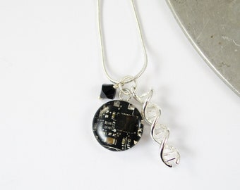 CHOOSE COLOR DNA and Circuit Board Charm Necklace, Jewelry for Scientists, Biology Necklace, Gift for Genetics Engineer