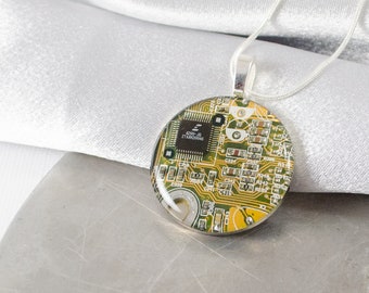 Circuit Board Necklace LARGE Yellow, Recycled Computer Jewelry, Wearable Technology, Engineer Gift, Computer Programmer, Recycled Jewelry