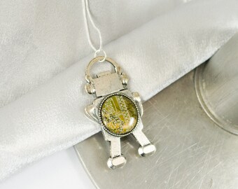 Yellow Circuit Board Robot Necklace, Robotics Jewelry