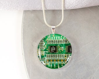 Circuit Board Necklace Green, Recycled Computer Circuit Board Jewelry, Geeky Necklace, Wearable Technology, Engineer Gift for Her, Geekery