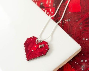 Red Circuit Board Pixelated Heart Necklace, Valentines Day Gift, Gamer Gift, Unique Heart Jewelry