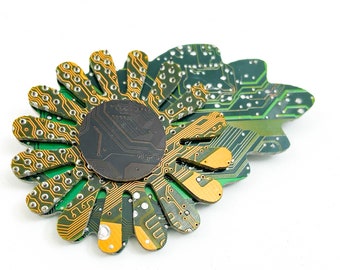 Circuit Board Daisy Brooch, Spring Flower Pin for Engineer, Upcycled Computer Collage Wearable Art