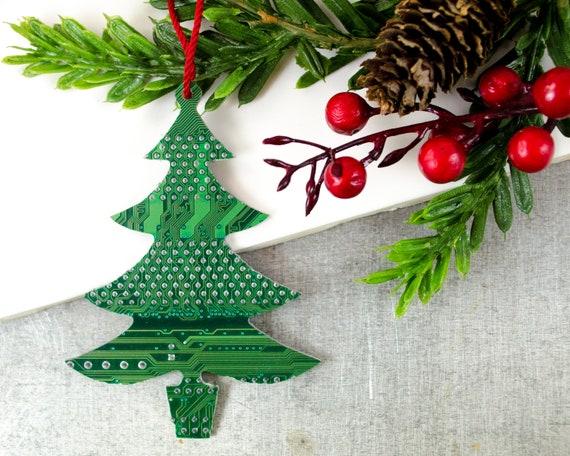 gift for computer geeks Green Christmas Tree Ornament recycled circuit board