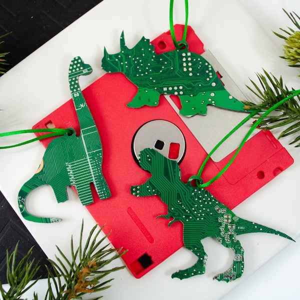 Dinosaurier Platine Ornamente, Dino Geschenk Set, T-Rex, Tyrannosaurus Rex Ornament, Dinosaurier Weihnachtsschmuck, Brontosaurus, Triceratops