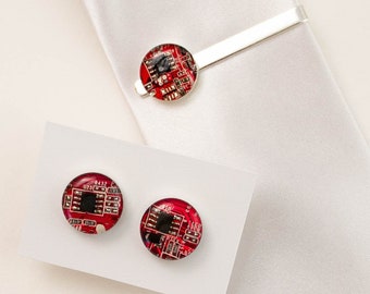 Manchetknopen en dasspeld met printplaatmotief, cadeau voor bruidsjonkers, cadeau voor nerd-ingenieurs, draagbare technologie, technische cadeaus voor mannen, Vaderdagcadeau voor nerds