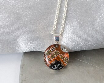 Recycled Circuit Board Necklace, Small Size, Orange, Computer Engineer Necklace, Electrical Engineer Jewelry, Techie Jewelry