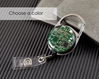 ELIGE EL COLOR Portatarjetas retráctil de placa de circuito reciclado, carrete para credenciales, regalo para ingenieros, regalo para informáticos, portatarjetas de identificación, regalo para placas base