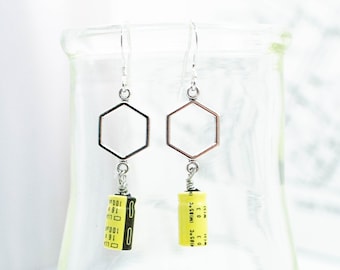 Electronic Component Earrings - Yellow Capacitors - Upcycled Ewaste Jewelry - Computer Engineer Gift - Eclectic Earrings