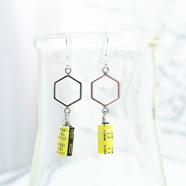 Electronic Component Earrings - Yellow Capacitors - Upcycled Ewaste Jewelry - Computer Engineer Gift - Eclectic Earrings