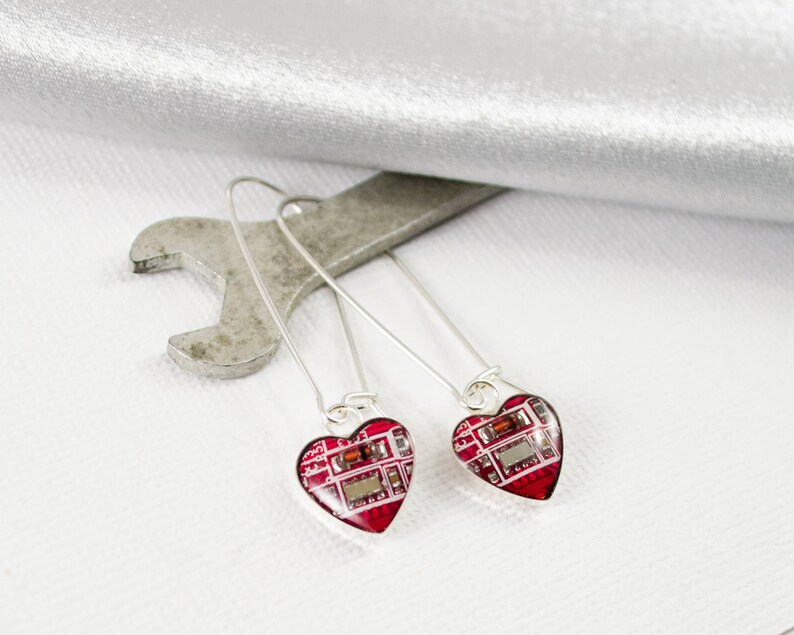 Geeky Valentines Day Gift Geek Earrings Gift Circuit Board Earrings Small Red Hearts Wearable Technology Sterling Silver Dangle Earrings