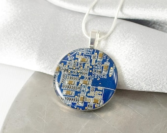 Circuit Board Necklace LARGE Blue, Recycled Motherboard Jewelry, Wearable Technology, Computer Gift, Computer Programmer, Upcycled