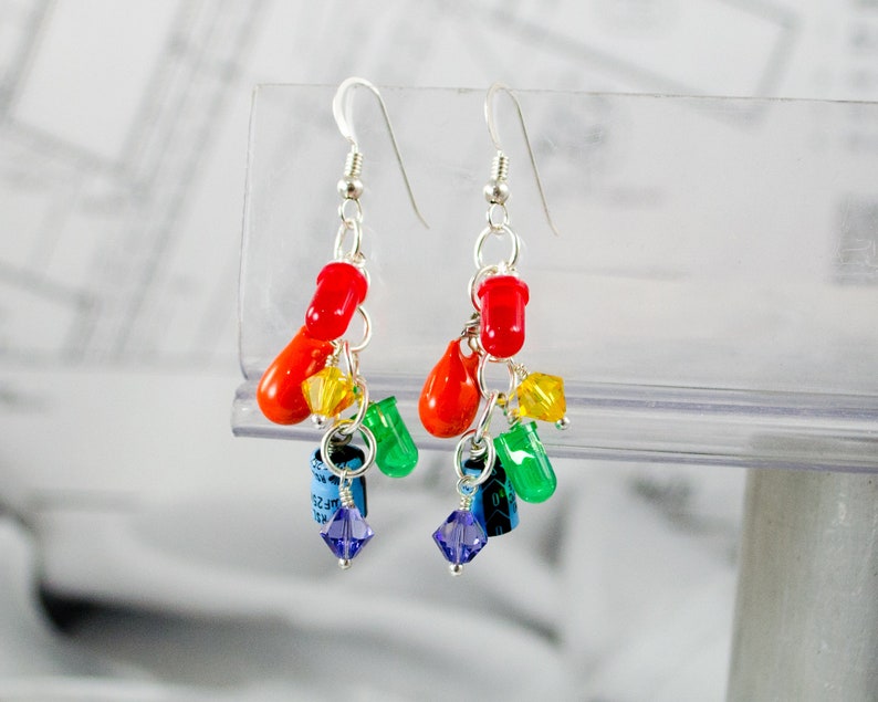 Rainbow Electronic Component Cluster Earrings, Sterling Silver Earrings, Pride Funky Earrings, Colorful Upcycled Electronics Earrings image 1