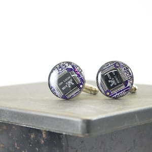 Violet Circuit Board Cufflinks, Recycled Computer Jewelry, Geeky Wedding Accessories, Anniversary Gift, Techie Cufflinks, Industrial Jewelry