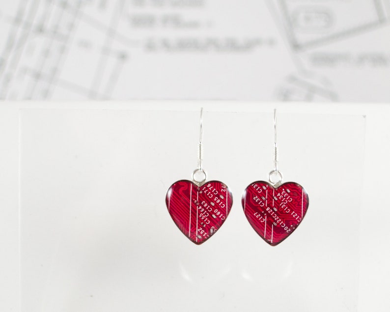 Red Circuit Board Heart Earrings, Medium Size, Electrical Engineer Earrings, Computer Scientist Jewelry, Gift for Scientist, Techie Earrings image 3