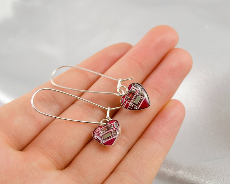 Geeky Valentines Day Gift Geek Earrings Gift Circuit Board Earrings Small Red Hearts Wearable Technology Sterling Silver Dangle Earrings