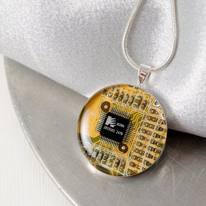 Circuit Board Necklace Yellow, Recycled Computer Jewelry, Geeky Necklace, Wearable Technology, Software Engineer Gift, Techie Jewelry, Nerdy