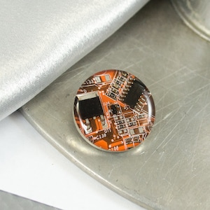 Orange Circuit Board Pin, Recycled Computer Gift
