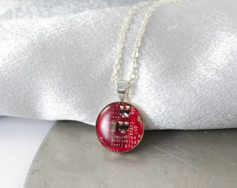 Red Recycled Circuit Board Necklace, Small Size, Electrical Engineer Gift, Computer Scientist Unique Jewelry, Geek Chic Jewelry