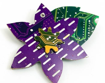 Circuit Board Clematis Brooch, Spring Flower Pin for Engineer, Upcycled Computer Collage Wearable Art