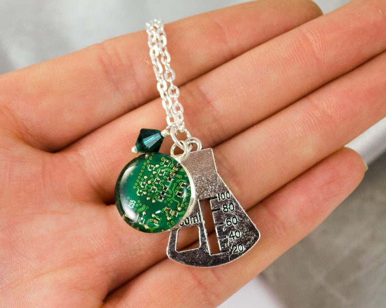 CHOOSE COLOR Erlenmeyer Flask and Circuit Board Charm Necklace Jewelry for Scientists