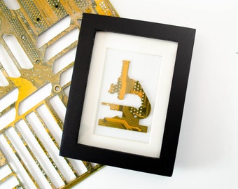 Mini Microscope Circuit Board Framed Art, Custom Recycled Motherboard Art, Biology Gift for Biologist, Microscopy Gift, Science STEM Art
